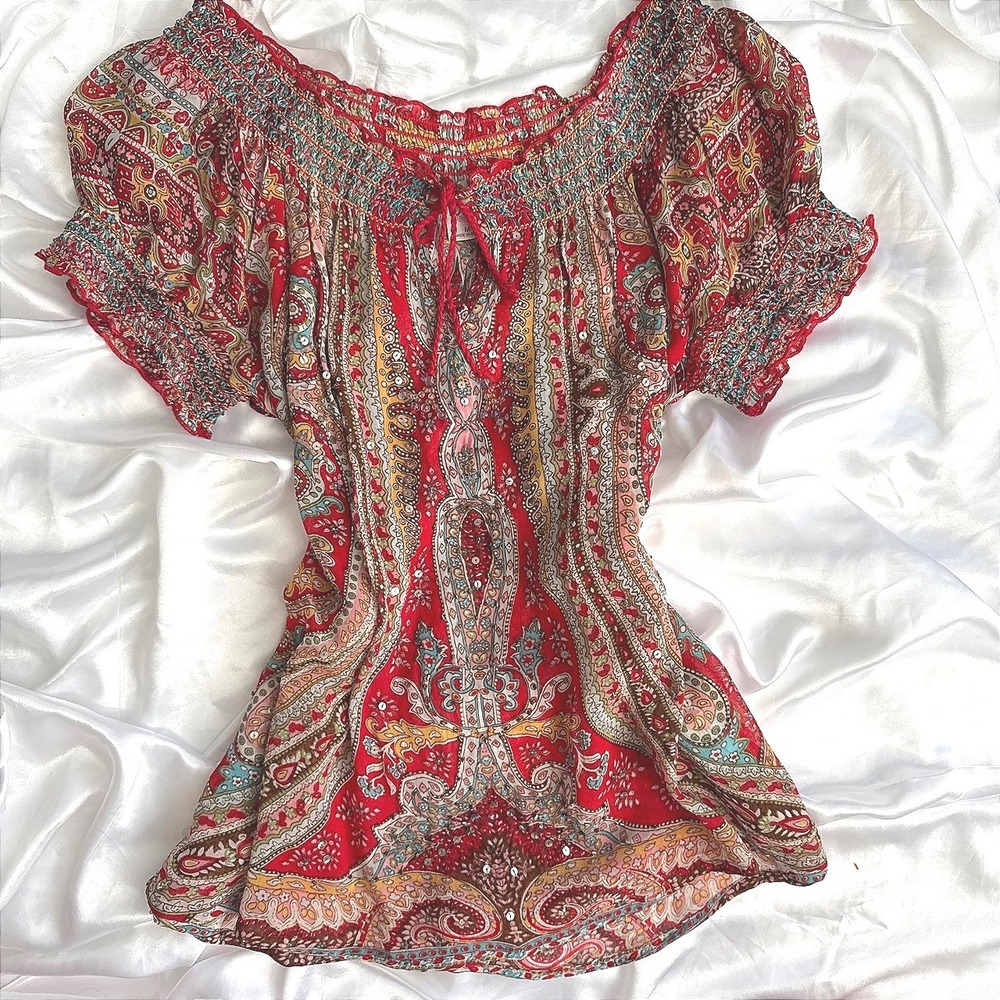 Bila Red Paisley Sequin Smocked Peasant Blouse Top Medium Boho Festival 70s